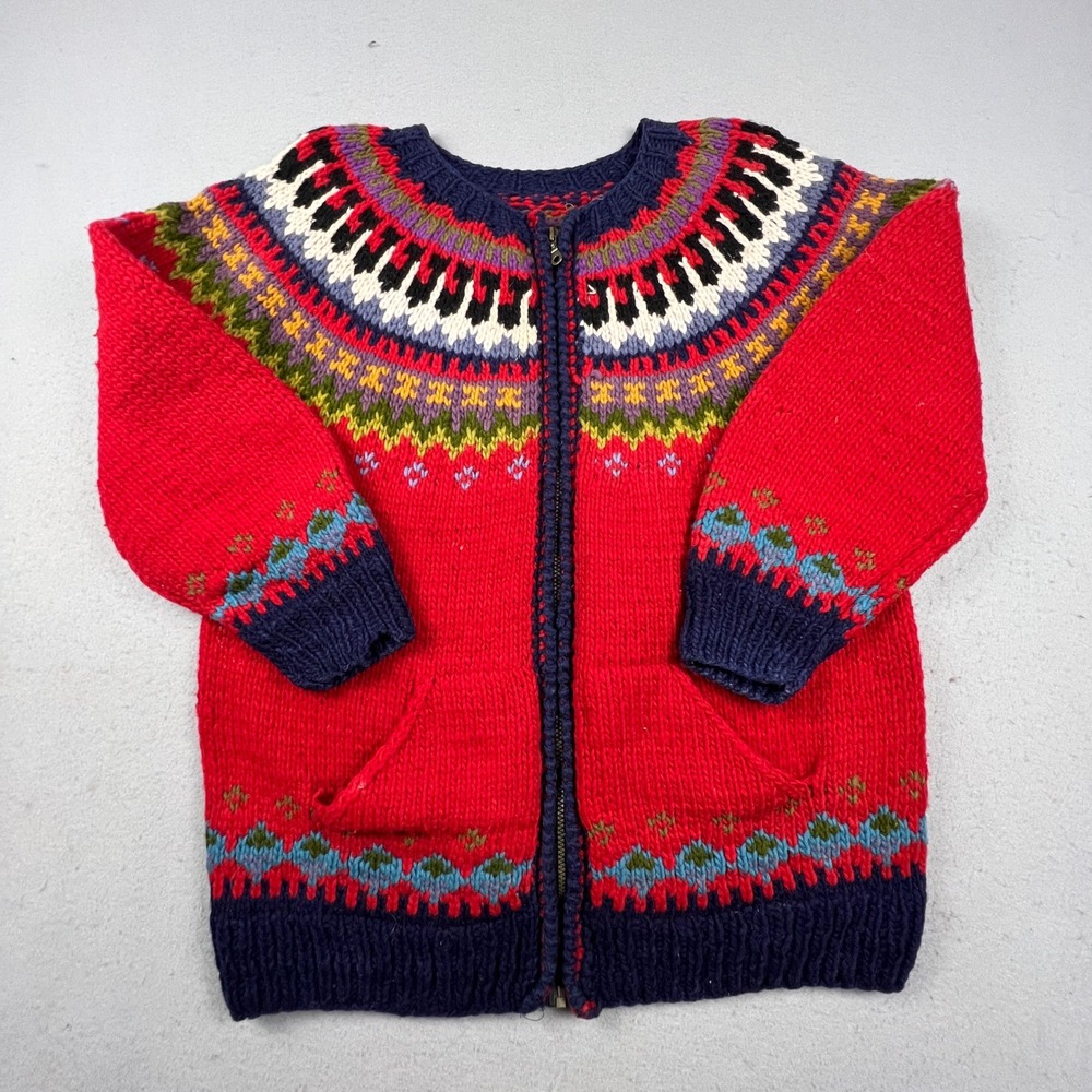 Handmade Fair Isle Zip Cardigan Sweater Mens XL Red Wool Knit Nordic Outdoor